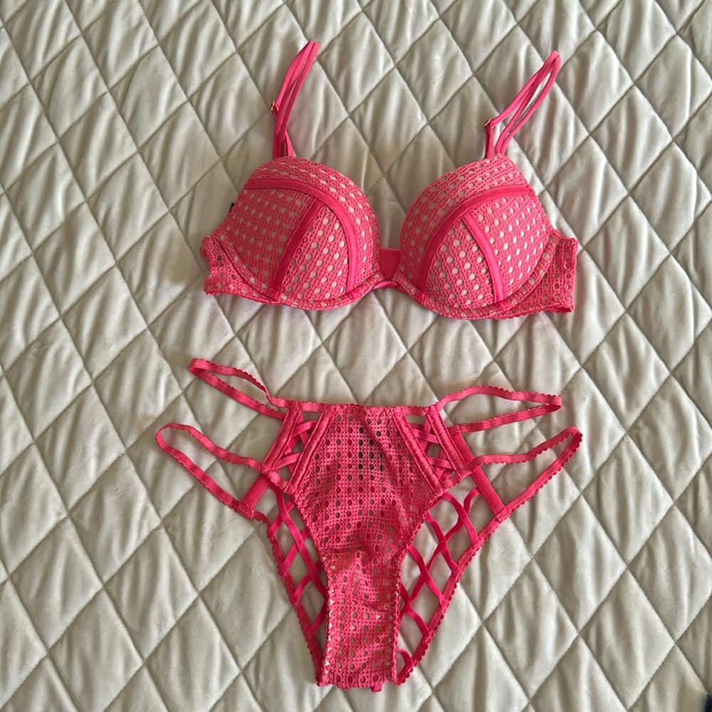 Women's Pink Lace Bra and Strappy Bikini Set